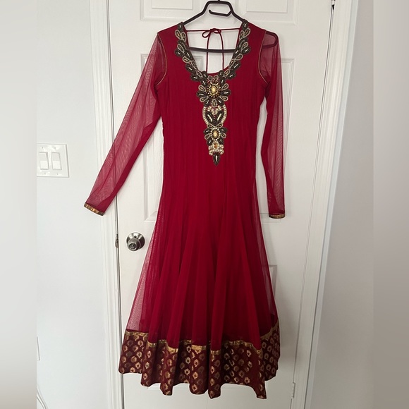 Red/Maroon Anarkali Suit Floor Length Gown - Picture 2 of 6